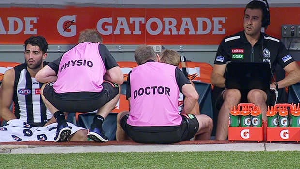 Alex Fasolo was caught appearing to urinate in a cup during Friday night's win over Geelong - ${keywords}